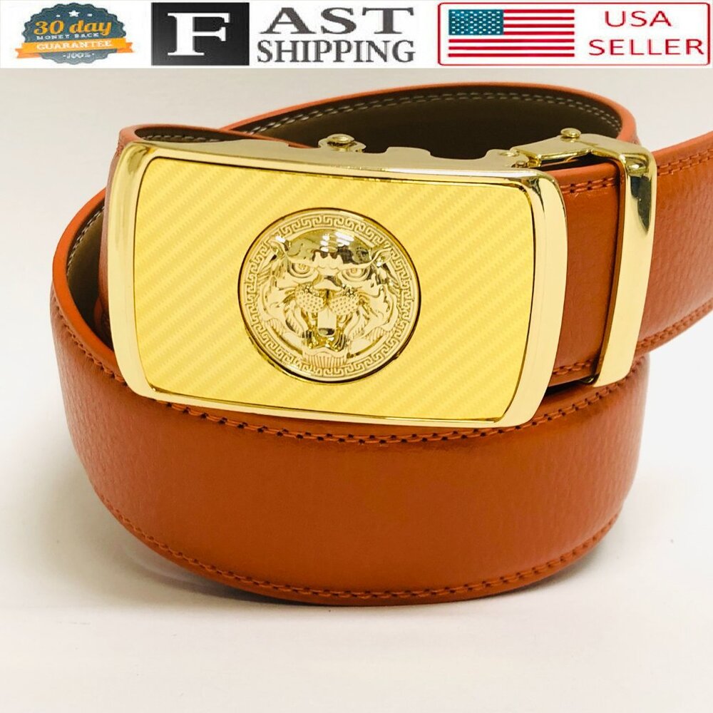 Automatic Designer Buckle Men's Orange Ratchet Genuine Leather Belt Dress Jeans